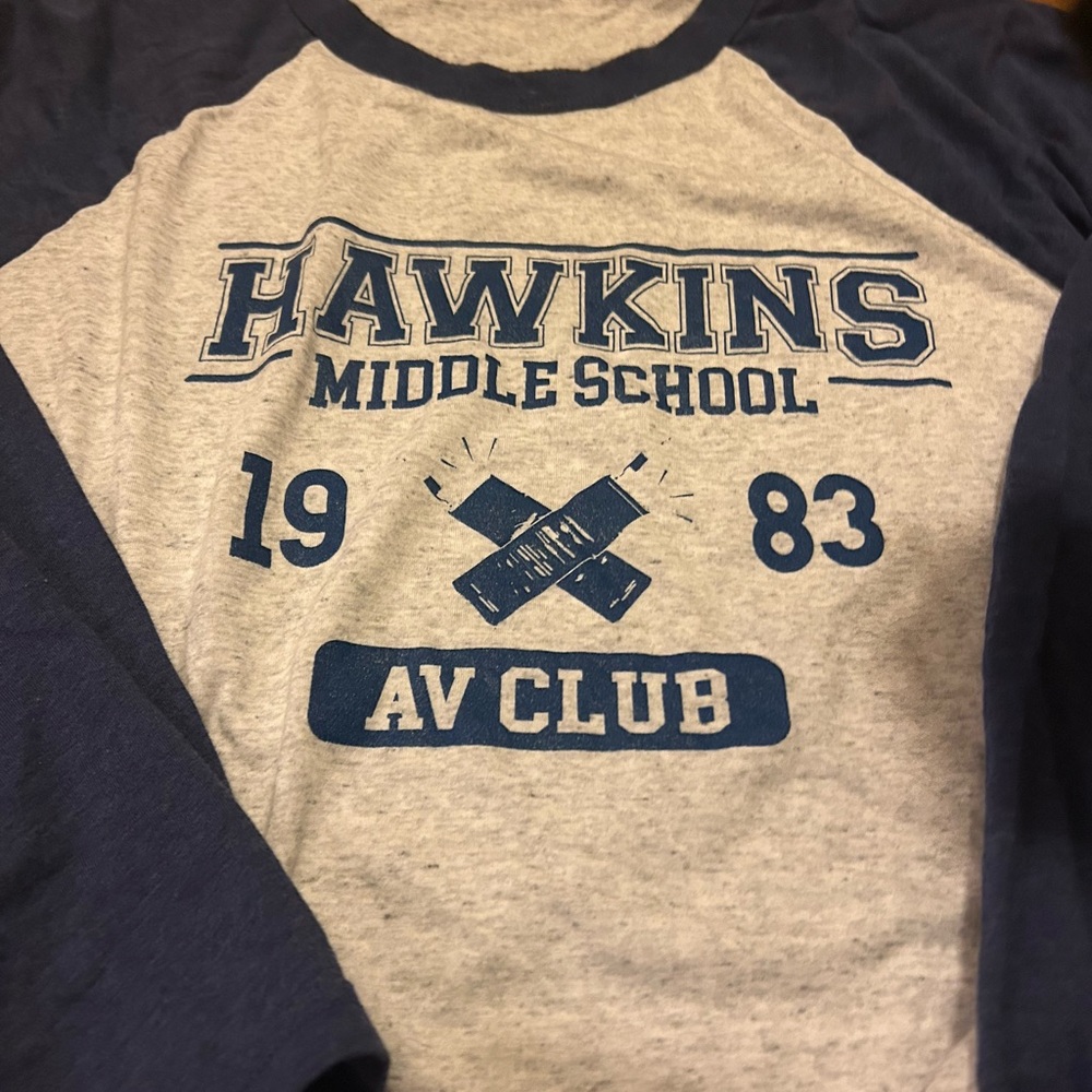Bella Canvas Hawkins Middle School AV Club raglan baseball Tee - Navy/Grey Fleck